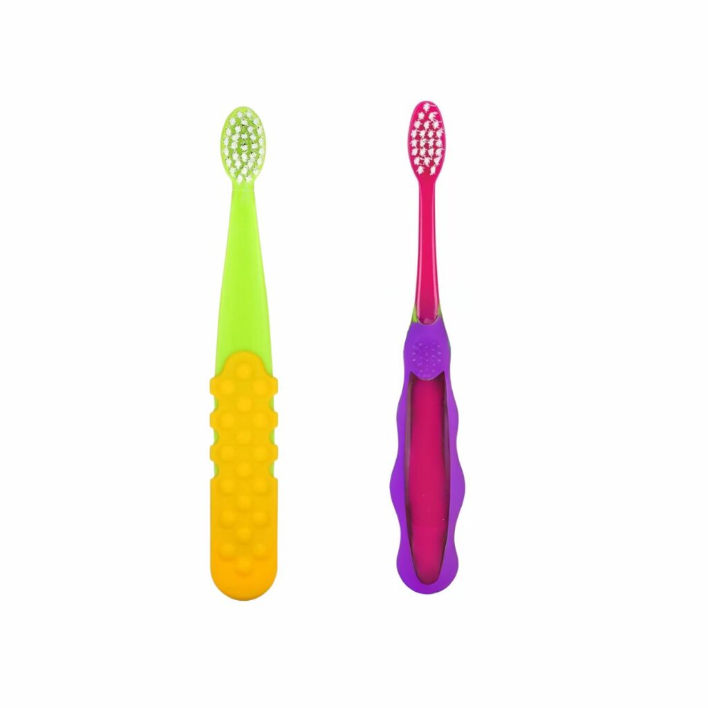 Two children's toothbrushes with chunky, easy-to-grip handles