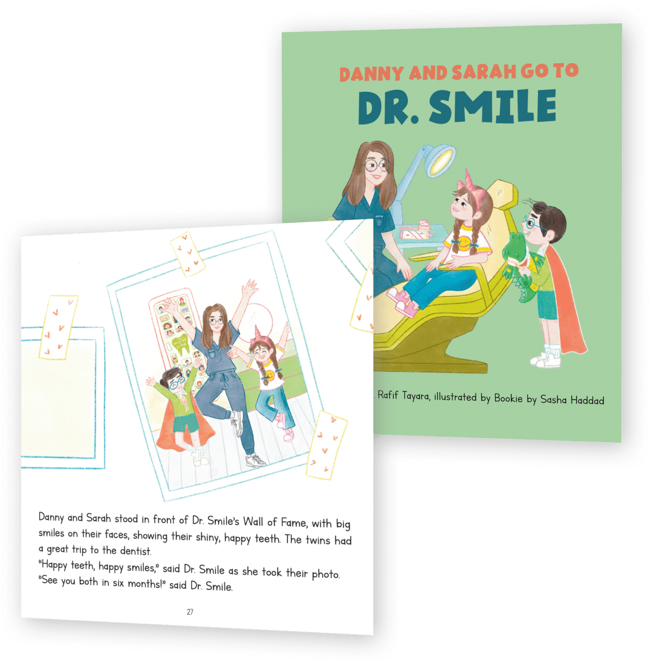 Omslag en een binnenpagina van “Danny and Sarah Go to Dr. Smile”