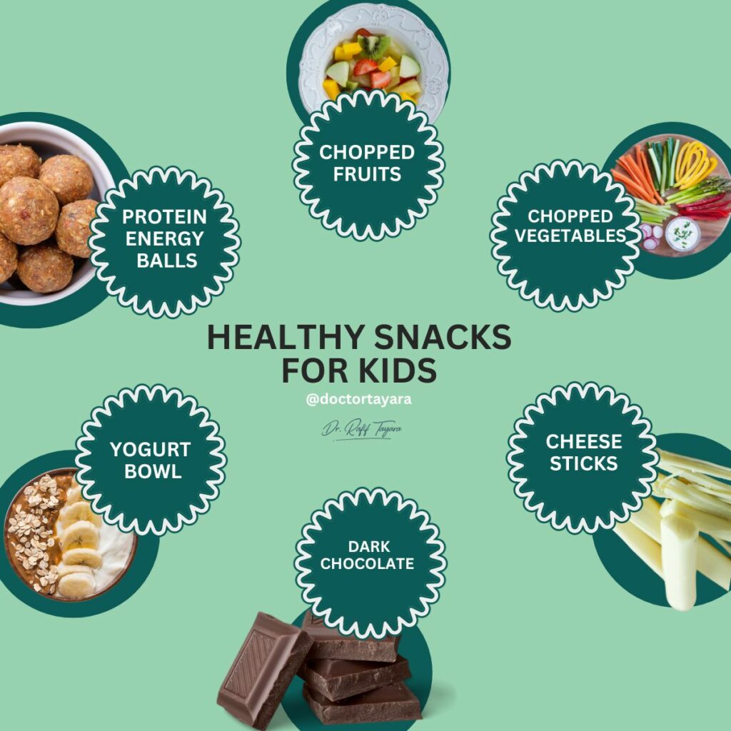 Healthy snacks for kids: chopped fruits, chopped vegetables, yogurt bowl, cheese sticks, protein energy balls and dark chocolate