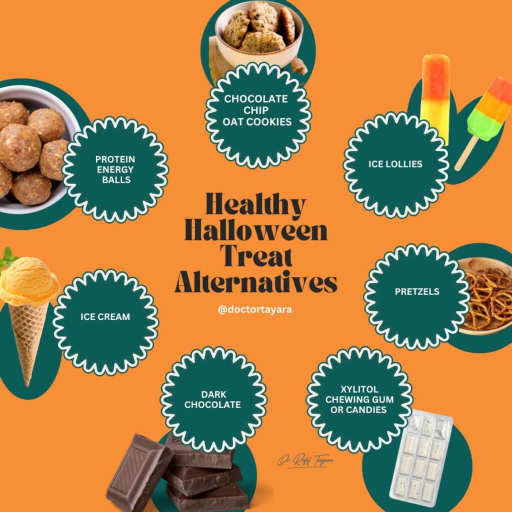 Healthy Halloween treat alternatives for children: protein energy balls, oat cookies, ice lollies, ice cream, pretzels, dark chocolate and xylitol gum