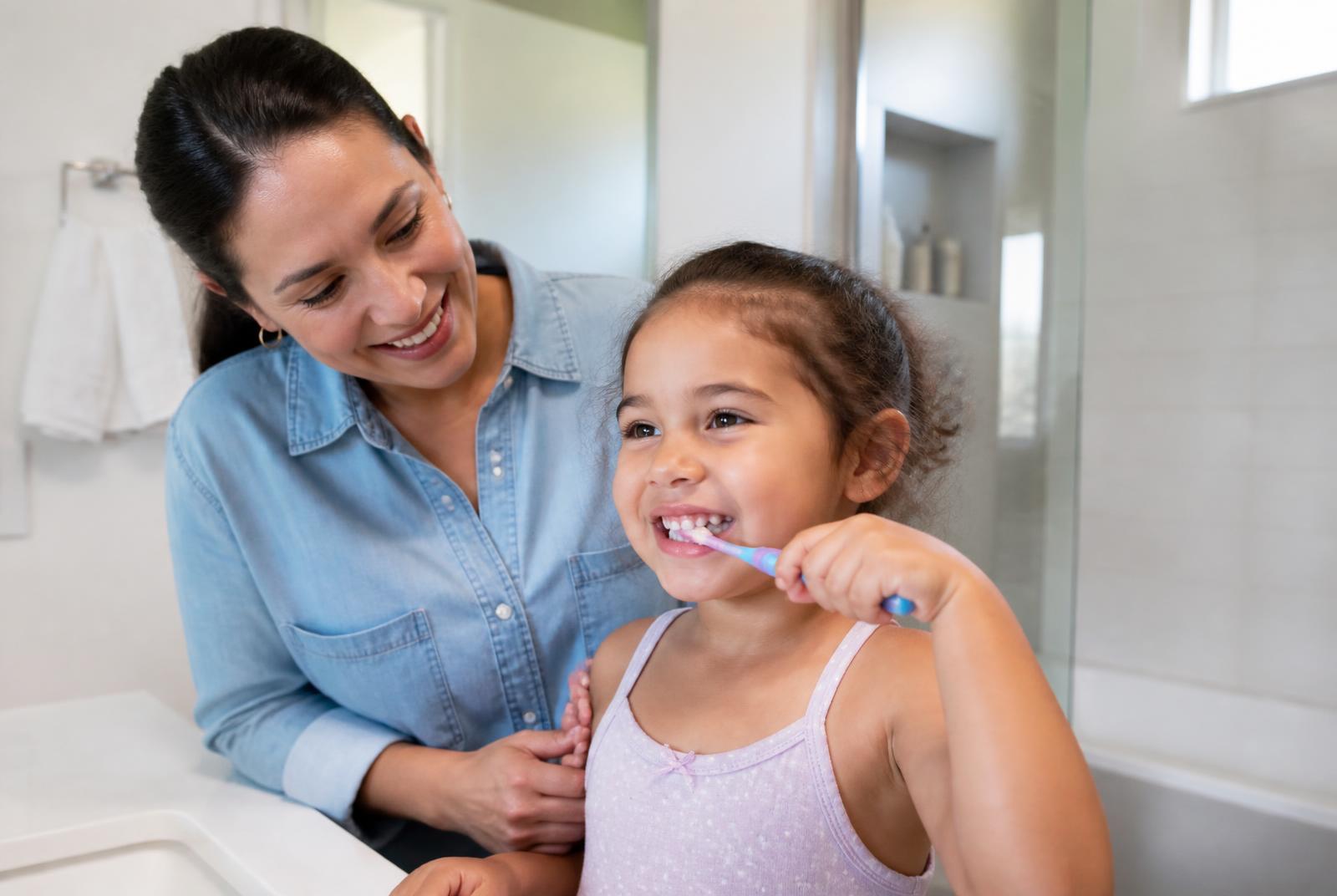 Young child brushing their teeth with a parent helping in a bright bathroom.